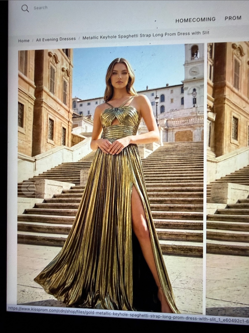 Gold Metallic Pleated Spaghetti-Strap Prom Gown with High Slit worn once